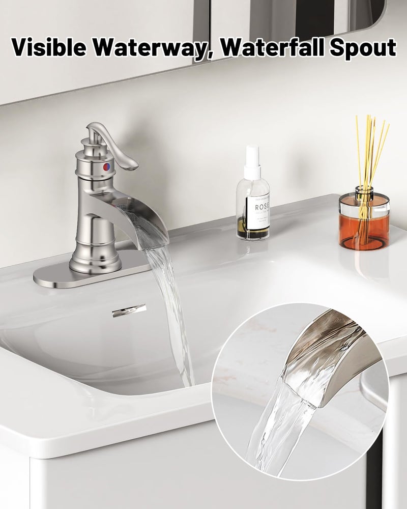 BATHLAVISH Brushed Nickel Waterfall Bathroom Sink Faucet, Single Handle 1 or 3 Hole Farmhouse Bathroom Faucets with Deck, Pop-up Drain, 2 Hoses for Lavatory Washroom Vanity RV - Image 3